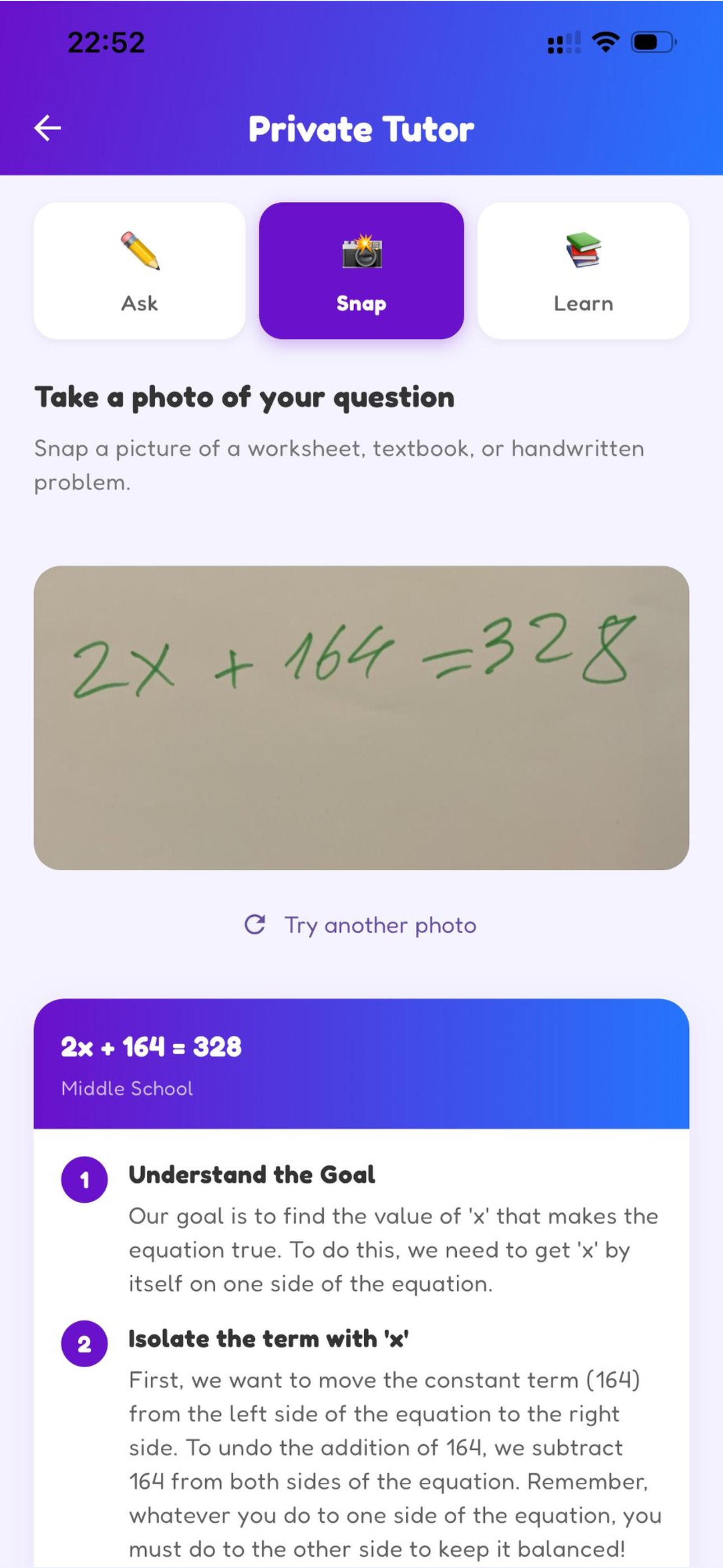 Snap photo to solve math